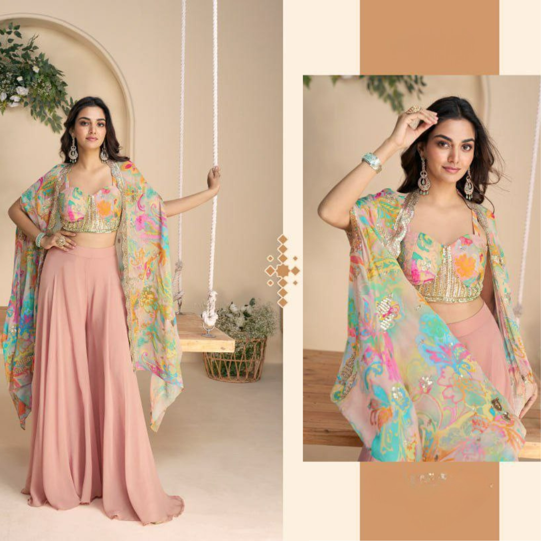 Ira Chinon Silk Blouse & Palazzo Set with Shrug Dupatta