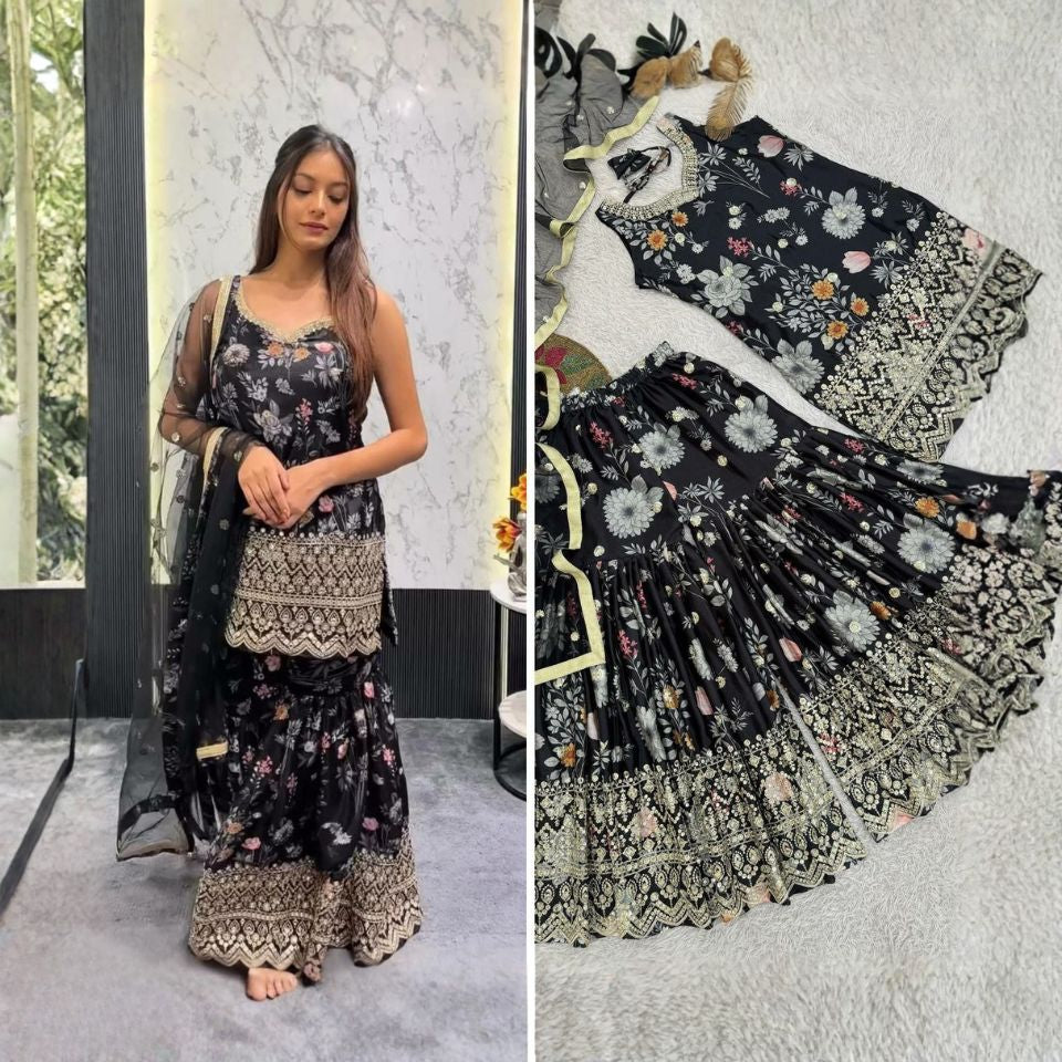 Majestic Bloom – Embroidered Chinon Silk Sharara Set