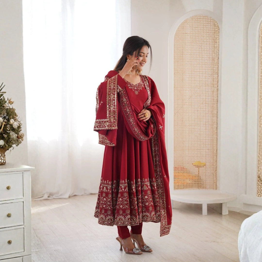 Silk Embroidered Gown Set with Dupatta