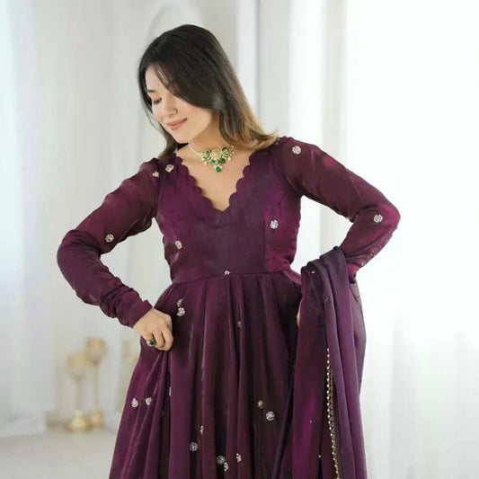 Crunchy Silk Embroidered Gown Set with Dupatta