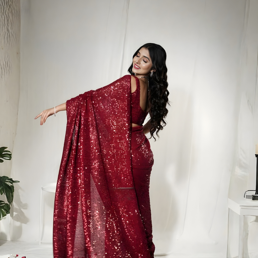 Crimson Glimmer Georgette Saree Set