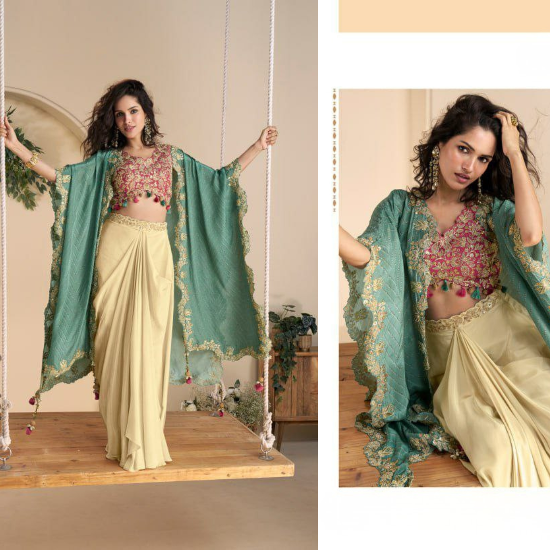 Ira Chinon Silk Blouse & Palazzo Set with Shrug Dupatta