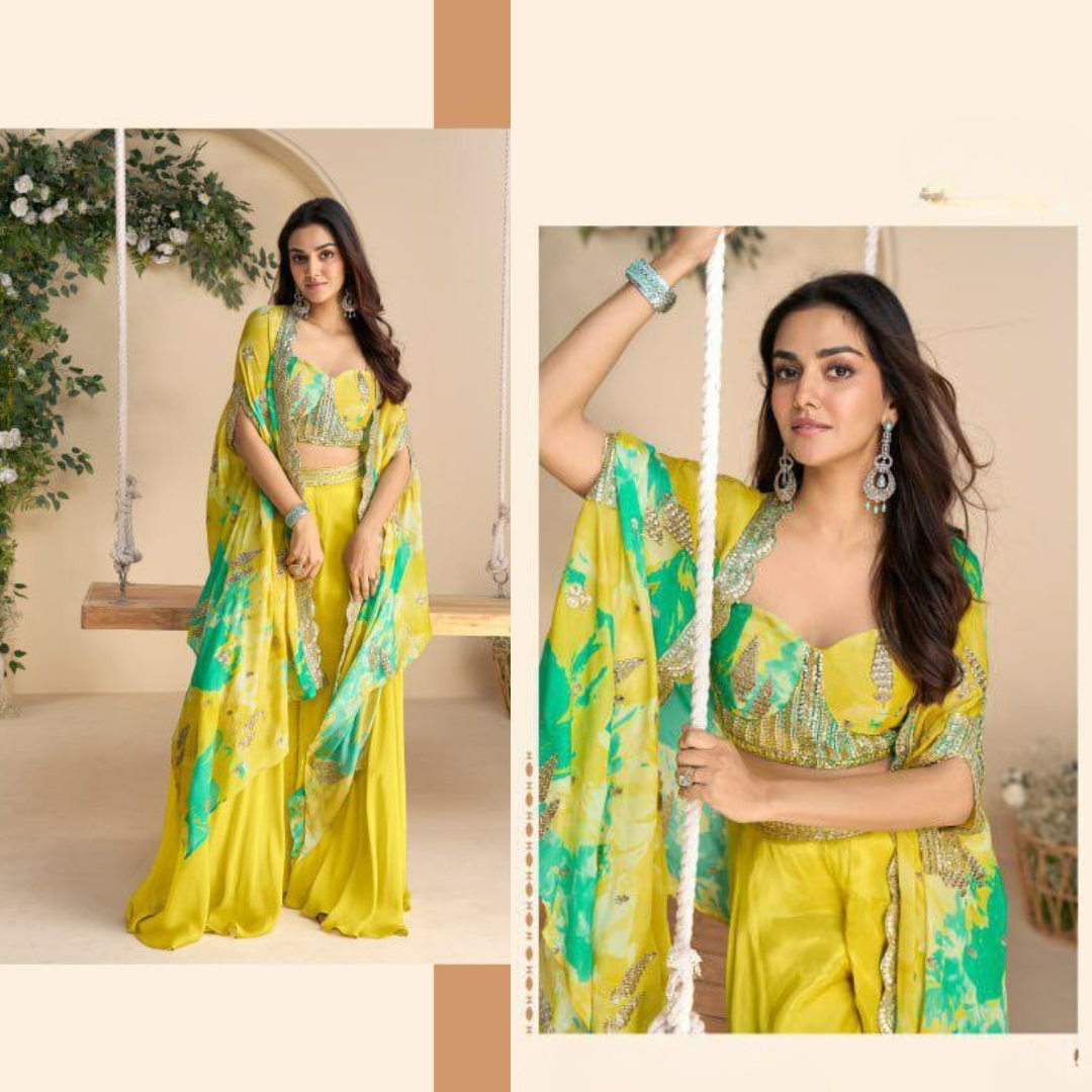 Ira Chinon Silk Blouse & Palazzo Set with Shrug Dupatta