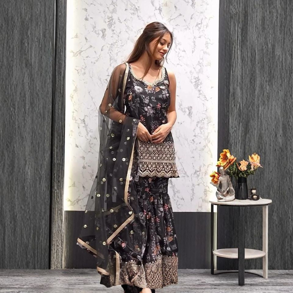 Majestic Bloom – Embroidered Chinon Silk Sharara Set