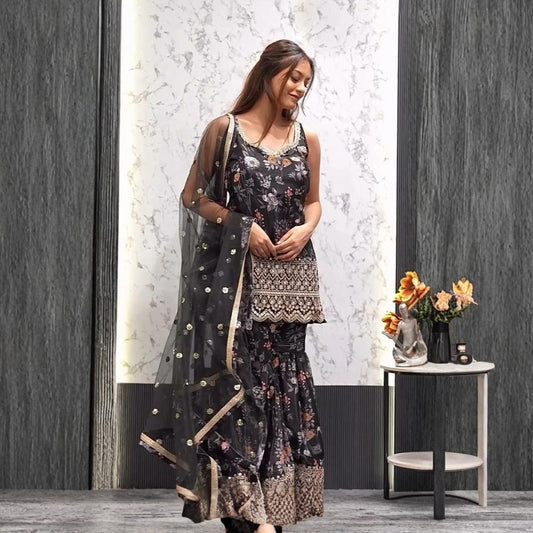 Majestic Bloom – Embroidered Chinon Silk Sharara Set