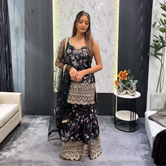 Majestic Bloom – Embroidered Chinon Silk Sharara Set