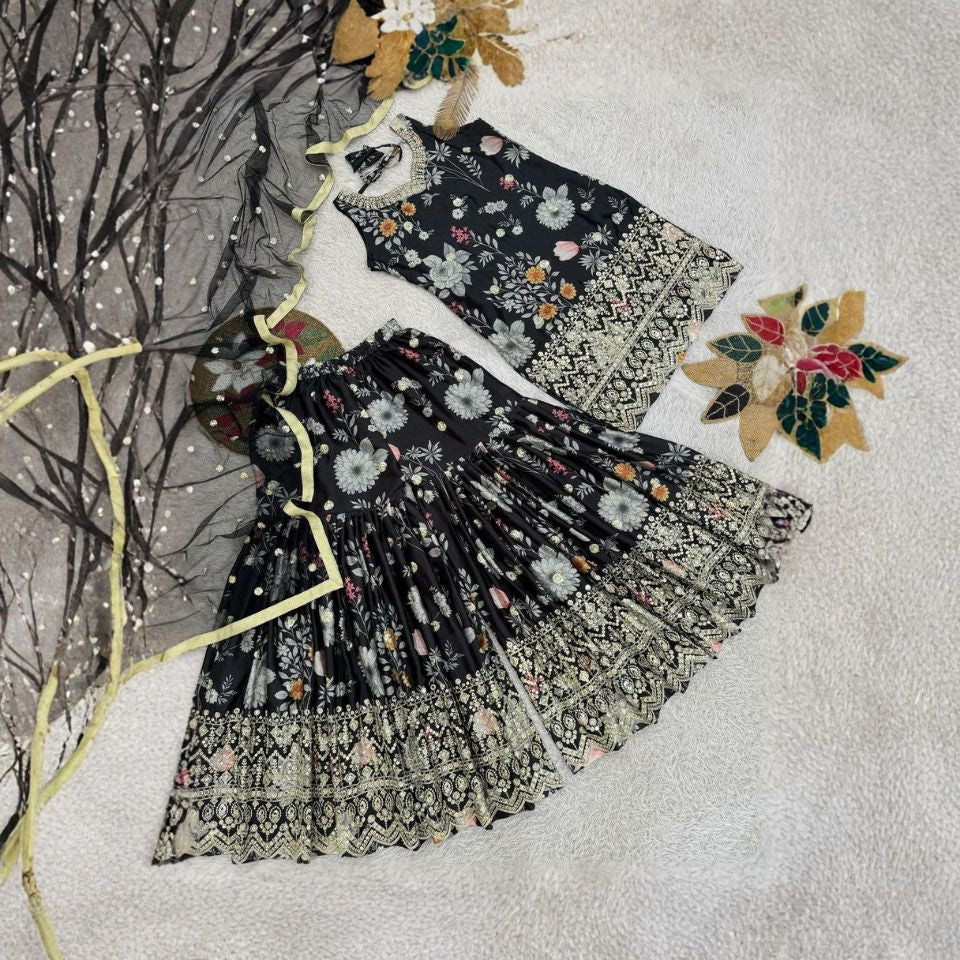 Majestic Bloom – Embroidered Chinon Silk Sharara Set