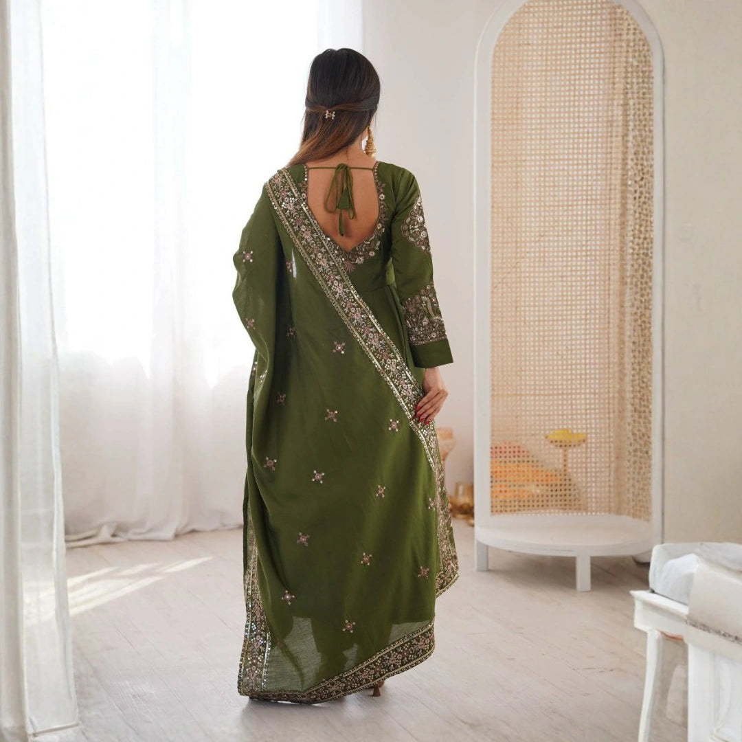Silk Embroidered Gown Set with Dupatta