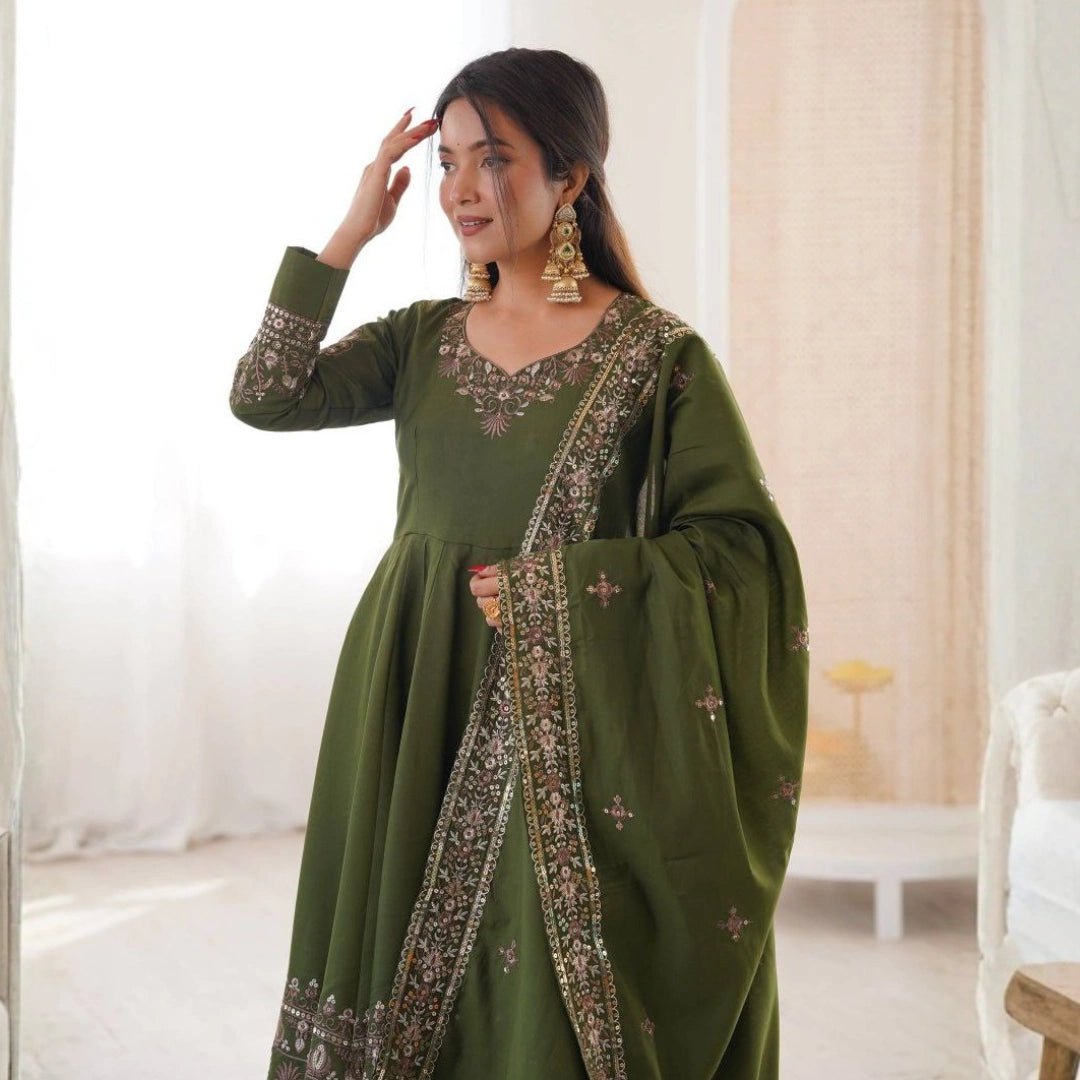 Silk Embroidered Gown Set with Dupatta