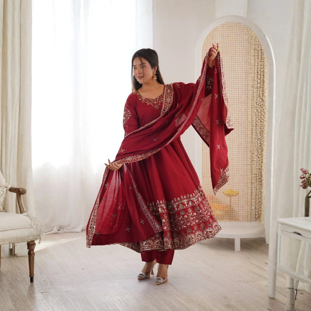 Silk Embroidered Gown Set with Dupatta