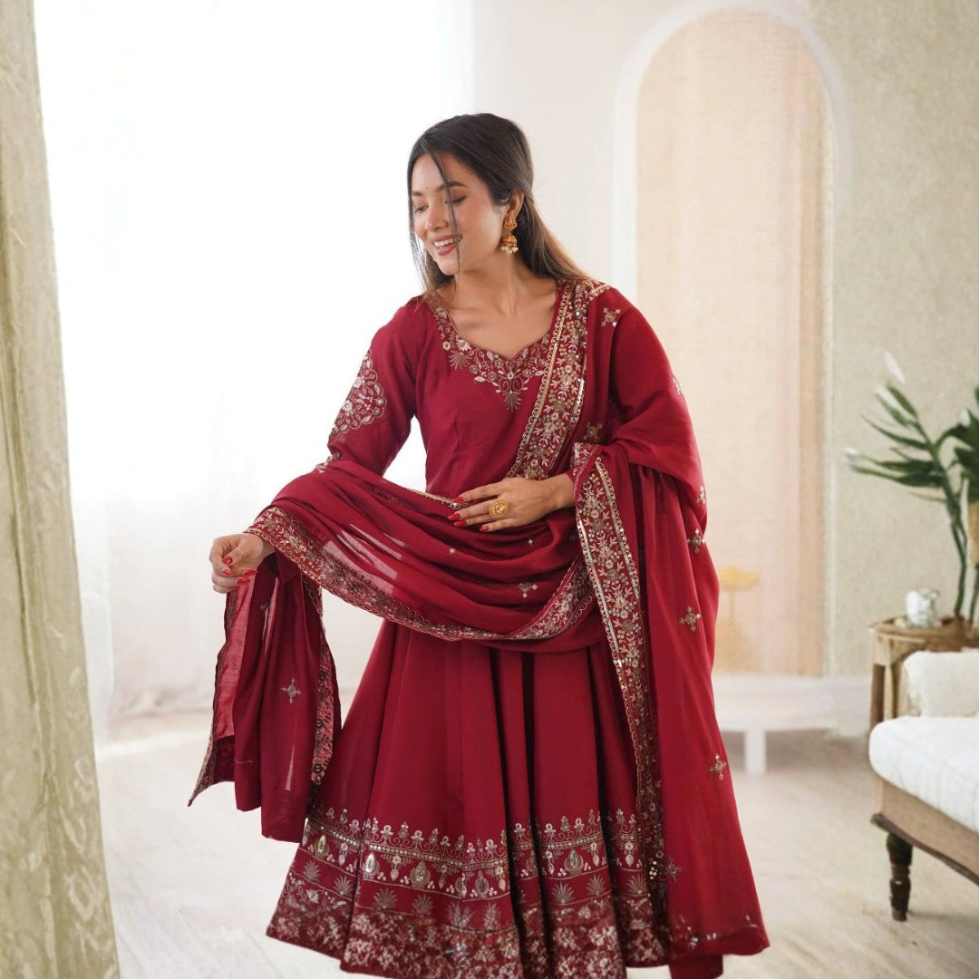 Silk Embroidered Gown Set with Dupatta