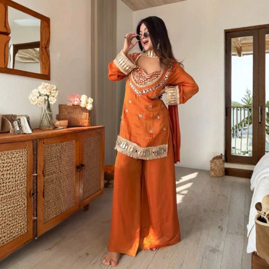 Fendy Silk Mirror Work Sharara Set