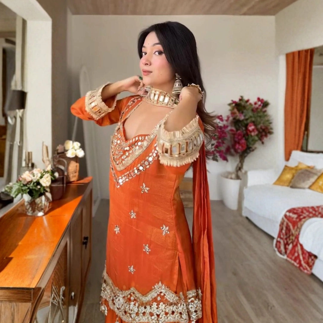 Fendy Silk Mirror Work Sharara Set