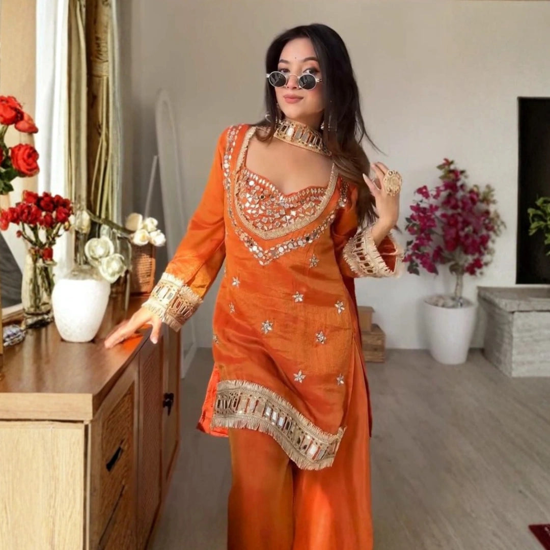 Fendy Silk Mirror Work Sharara Set