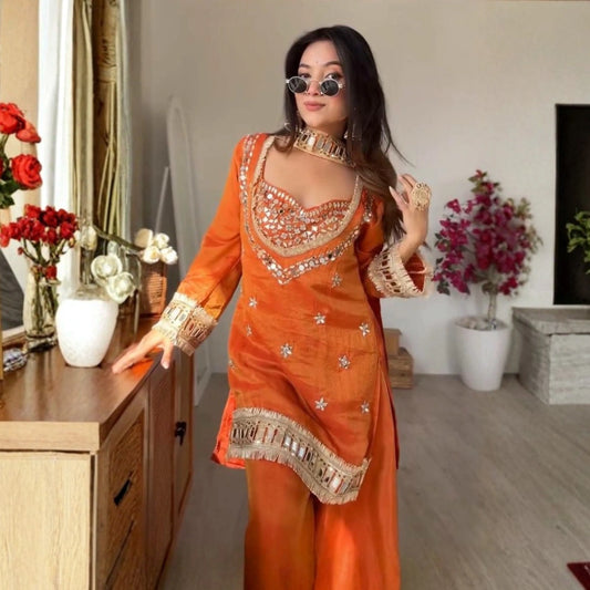 Fendy Silk Mirror Work Sharara Set
