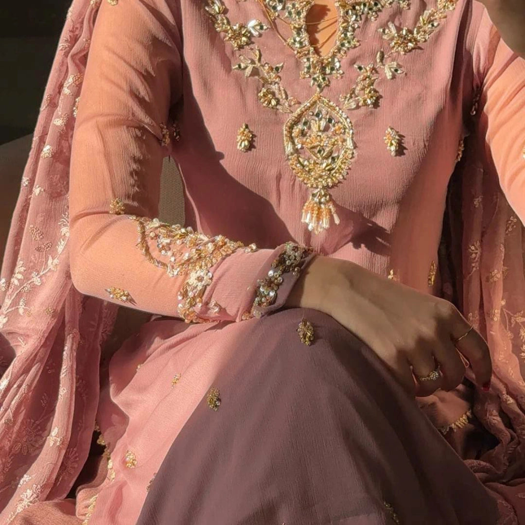 Faux Georgette Embroidered Kurta Pant Dupatta Set