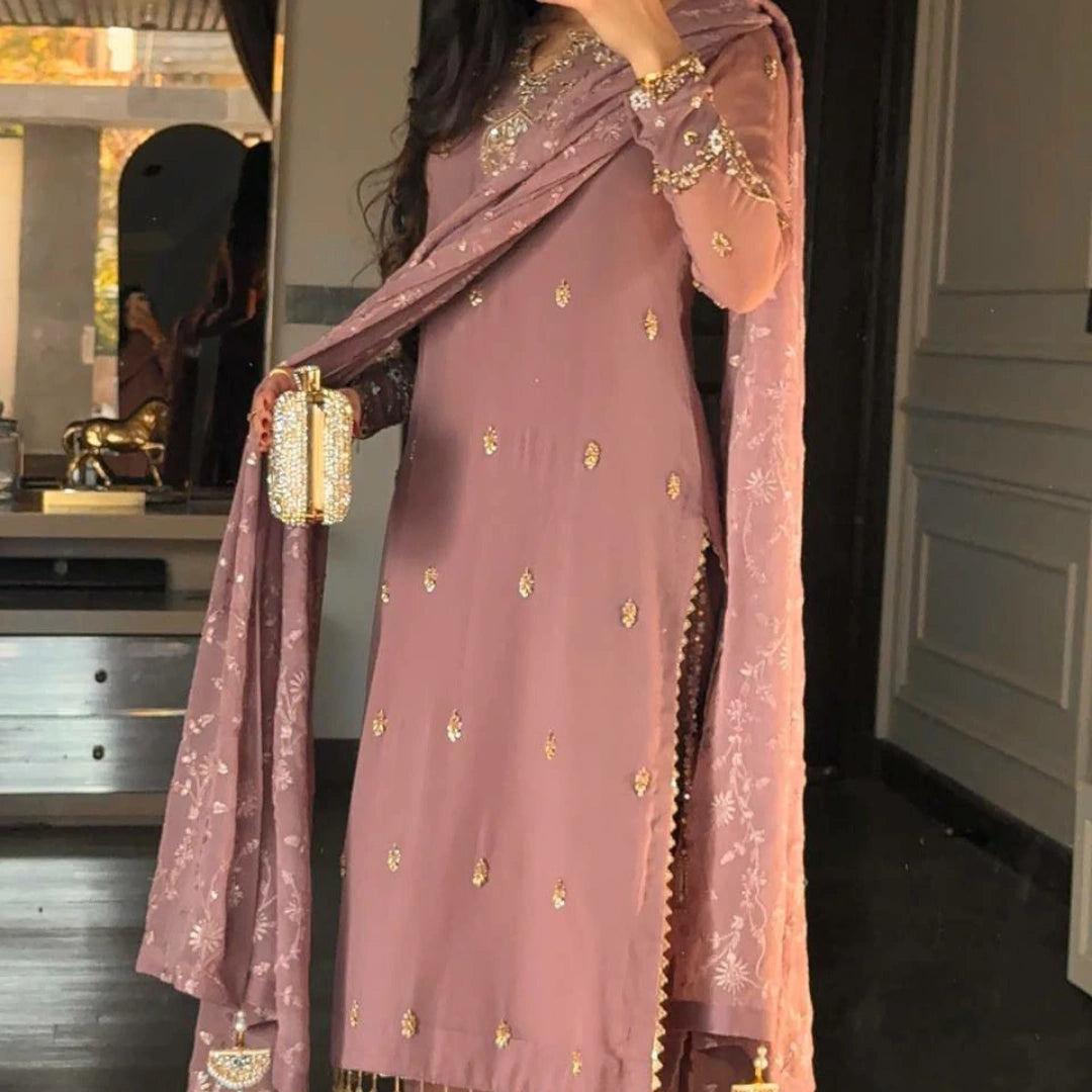 Faux Georgette Embroidered Kurta Pant Dupatta Set