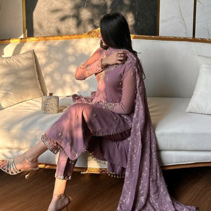 Faux Georgette Embroidered Kurta Pant Dupatta Set