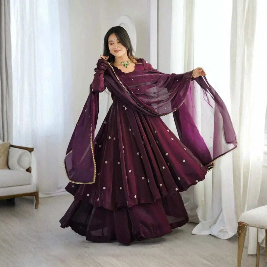 Crunchy Silk Embroidered Gown Set with Dupatta