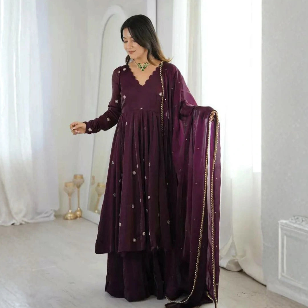 Crunchy Silk Embroidered Gown Set with Dupatta