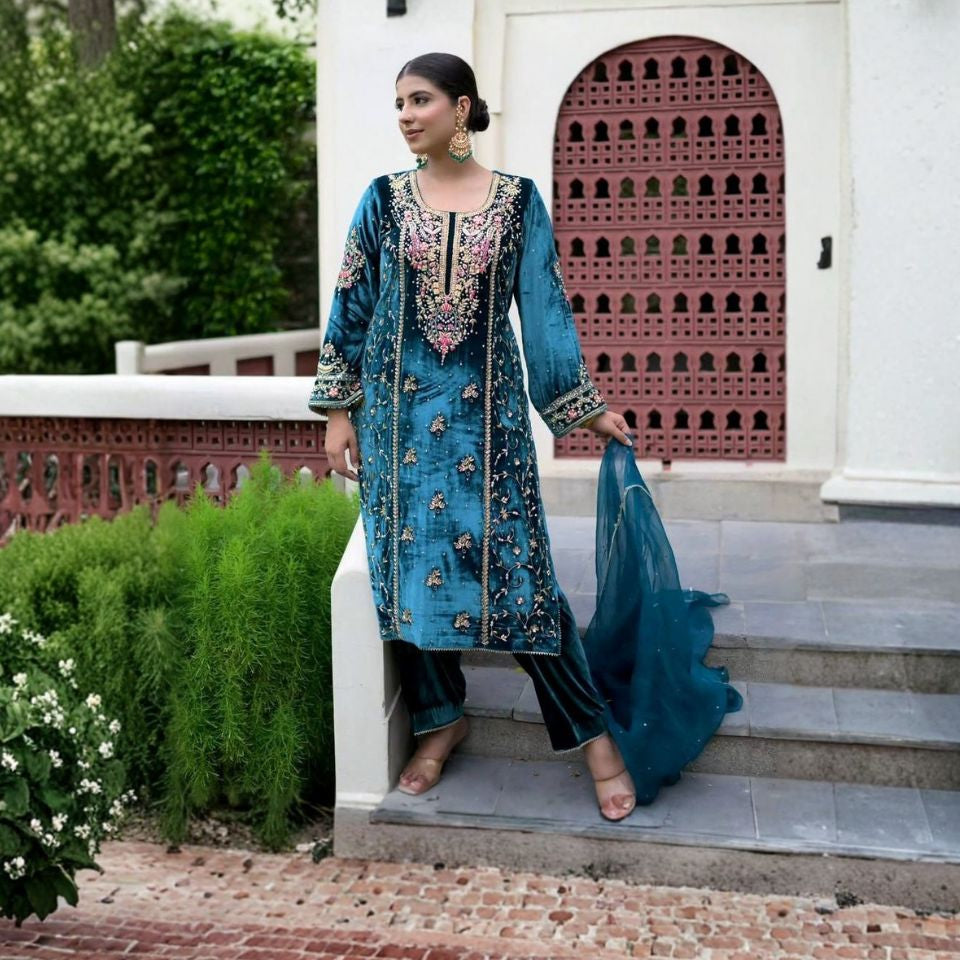 Both Side Embroidery Soft Fabric Salwar Kameez – Rama