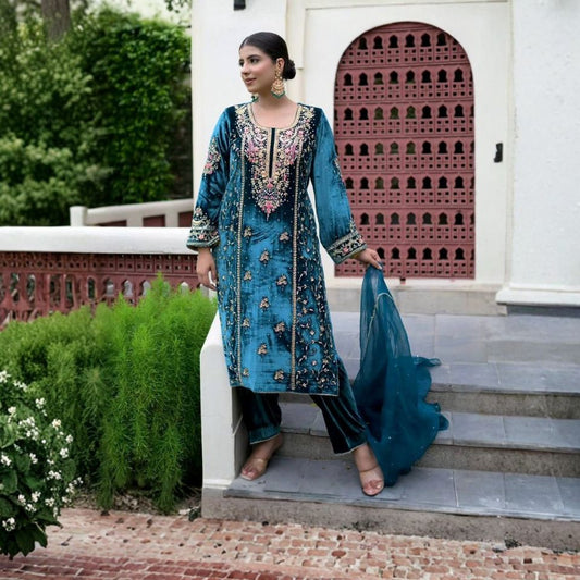 Both Side Embroidery Soft Fabric Salwar Kameez – Rama
