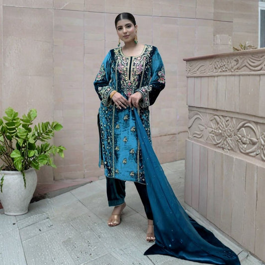 Both Side Embroidery Soft Fabric Salwar Kameez – Rama